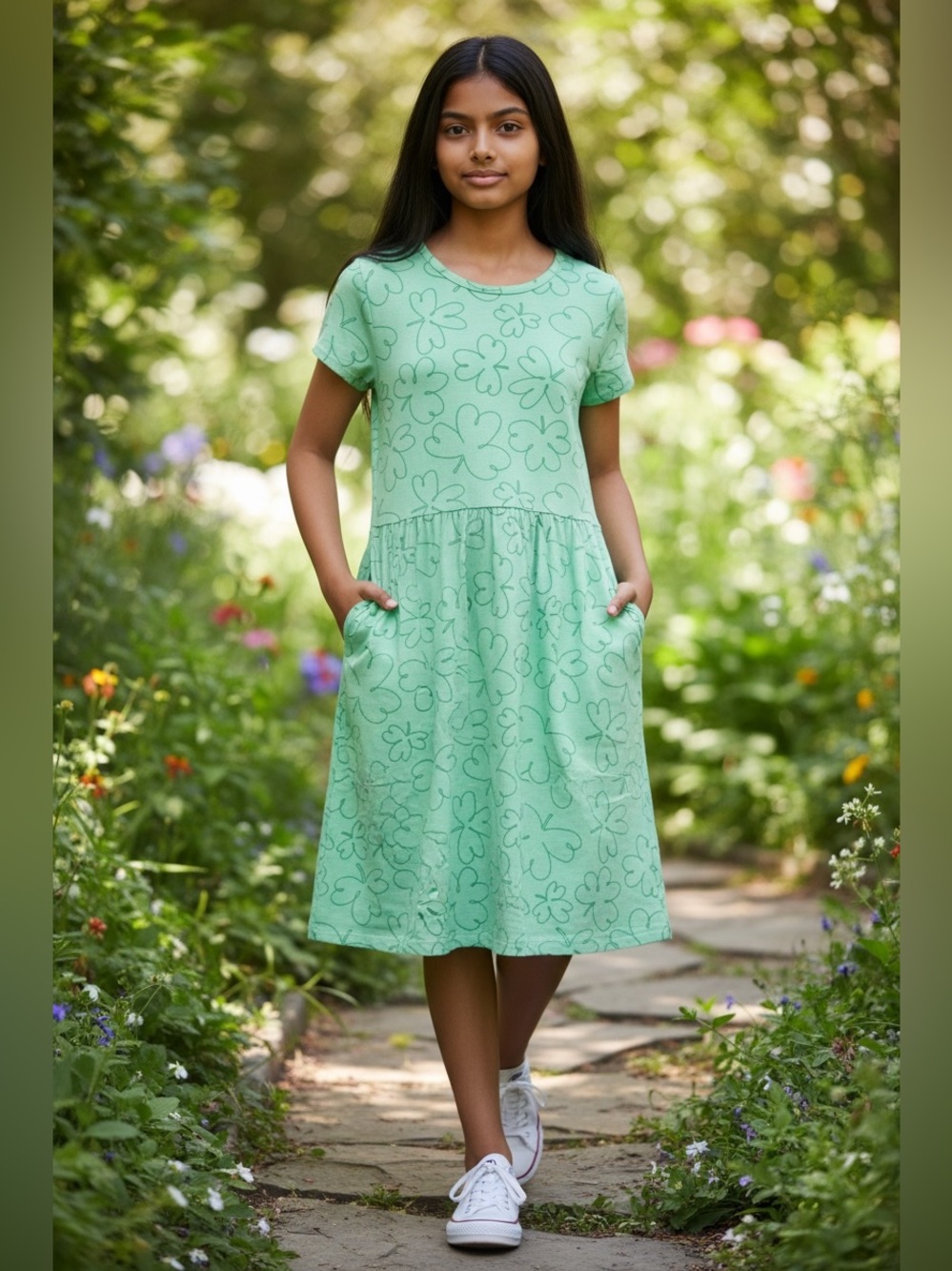 Cat & Jack Girls' Chic Mint Green Floral Pocket Casual Dress NWT